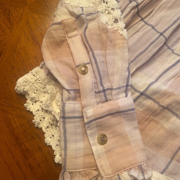 NWT Anthropologie PILCRO Purple Lavender Haze Plaid Crochet Sleeves Blouse - Picture 9 of 11